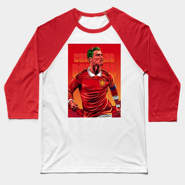 Crimson Fury: Illustrating Cristiano Ronaldo as the Red Devil Baseball T-Shirt by Futbol Art